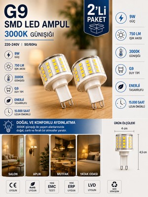 Avarson (2 ADET) 9W 750 Lm 3000K Günışığı G9 Smd LED Ampul