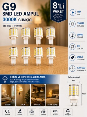 Avarson (8 ADET) 9W 750 Lm 3000K Günışığı G9 Smd LED Ampul