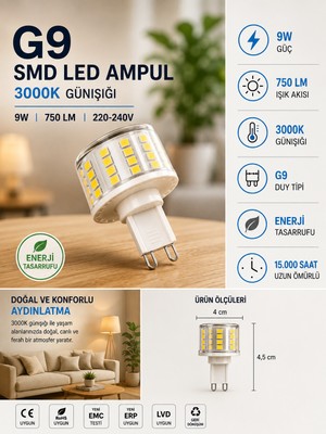 Avarson (1 ADET) 9W 750 Lm 3000K Günışığı G9 Smd LED Ampul