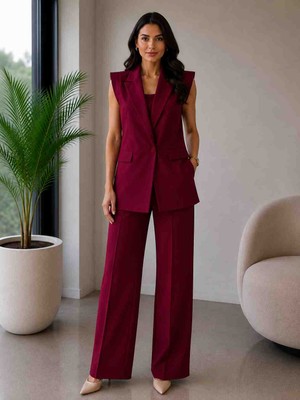 Gülcan Butik Kadın Bordo Kolsuz Ceket ve Bol Paça Pantolon Takım