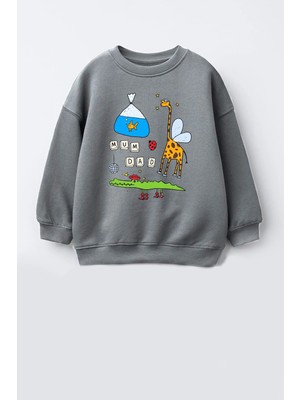 Monila Erkek Çocuk 3 Iplik Kumaş Zürafa Baskılı Pamuklu Sweatshirt