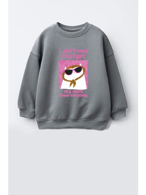 Monila Kız Çocuk 3 Iplik Kumaş Kedi Baskılı Pamuklu Sweatshirt