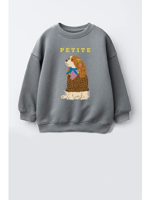 Monila Kız Çocuk 3 Iplik Kumaş  Pamuklu Köpek Baskılı Sweatshirt