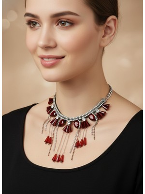 Moda Accessories Taşlı Abiye Kolye – Sallantılı Gösterişli Kadın Takı Kırmızı Bordo