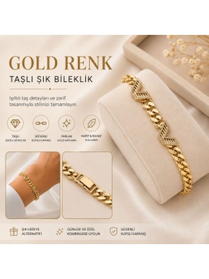 CM Jewelry Kadın Gold Renk Taşlı Zincir Bileklik Şık Modern Tasarım