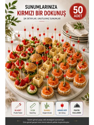Open City 50’li Kırmızı Küp Bambu Kürdan 9 cm Parti Davet Kokteyl Kanepe Sunum Kürdanı Organizasyon Sofra Seti