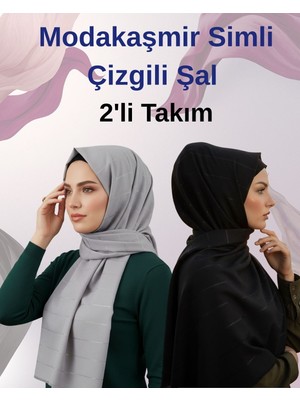 Modakaşmir Moda Kaşmir Çizgi Simli Şal 2'lü Set