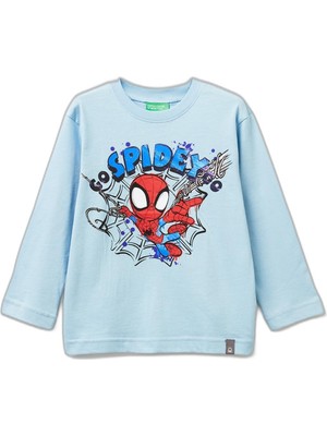 Esranın Dünyası United Colors Of Benetton Erkek Çocuk Spiderman Baskılı Logo Etiketli Uzun Kollu T-Shirt,açık Mavi 2-3 Yaş
