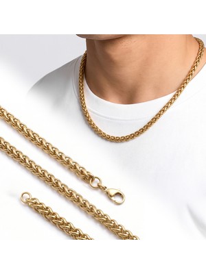 Kuşkaya Ticaret Hasır Örgü Erkek Çelik Kolye 6mm 55CM Gold - Sarı