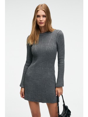 Ethiquet Encanto Kadın Yuvarlak Yaka Çizgi Desenli Slim Fit Antrasit Elbise