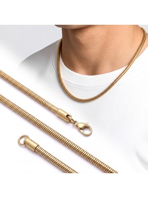 Kuşkaya Ticaret Oval Spiral Erkek Çelik Zincir Kolye 5 mm 55 cm Gold - Sarı