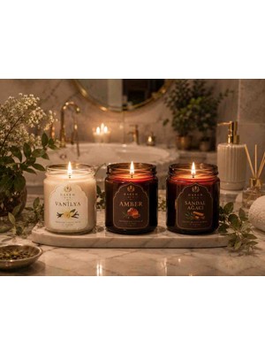 Harem Mum Premium Kokulu Mum 3'lü Set Vanilya Amber Sandal Ağacı El Yapımı Dekoratif Mum 3X150G