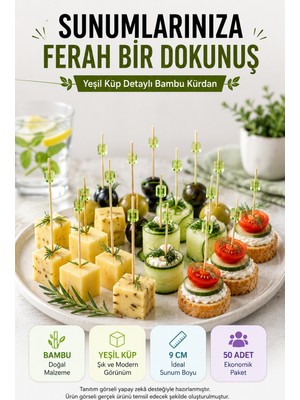 Open City 50’li Yeşil Küp Bambu Kürdan 9 cm Parti Davet Kokteyl Kanepe Sunum Kürdanı Organizasyon Sofra Seti