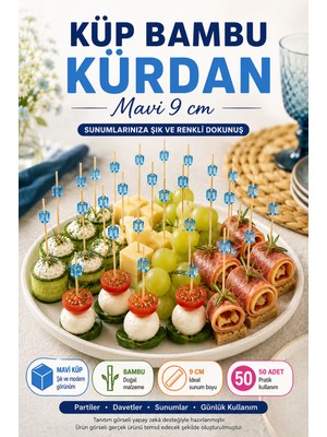 Open City 50’li Mavi Küp Bambu Kürdan 9 cm Parti Davet Kokteyl Kanepe Sunum Kürdanı Organizasyon Sofra Seti