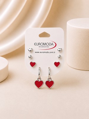 Euromoda Kırmızı Mineli Kalp Detaylı 4'lü Küpe Seti