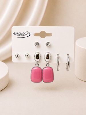 Euromoda Pembe Mineli  4'lü Küpe Seti