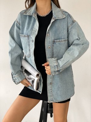 Çift Cepli Oversize Denim Gömlek Ceket - Mavi - Tek Ebat