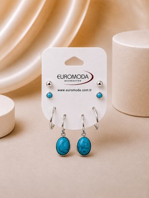 Euromoda Oval Taş Damarlı Detaylı  Turkuaz Renk 4'lü Küpe Seti