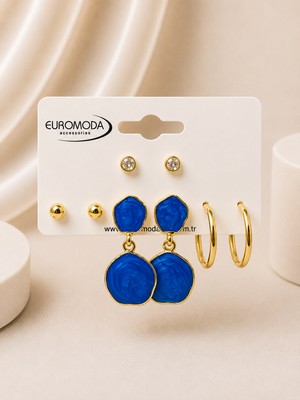 Euromoda Gold Yuvarlak Mavi Mineli 4'lü Küpe Seti