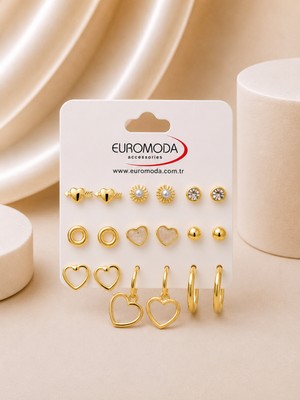 Euromoda Gold Halka Kalp Figürlü 9'lu Küpe Seti