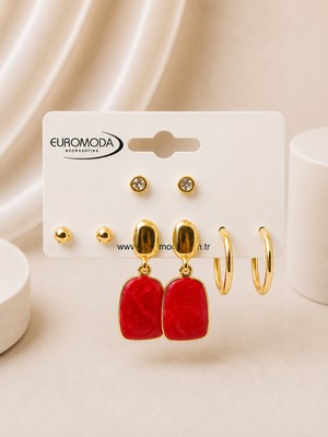 Euromoda Gold  Kırmızı Mineli 4'lü Küpe Seti