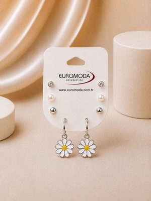 Euromoda Papatya Detaylı Gümüş Renk 4'lü Küpe Seti