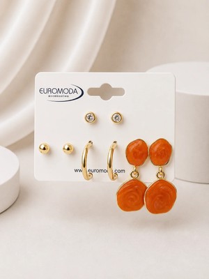 Euromoda Gold Yuvarlak Kahverengi Mineli 4'lü Küpe Seti