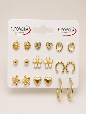 Euromoda Papatya Kalp Güneş Detaylı 9'lu Gold Renk Küpe Seti