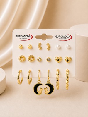 Euromoda Ay Kedi Detaylı Gold Renk 9'lu Küpe Seti