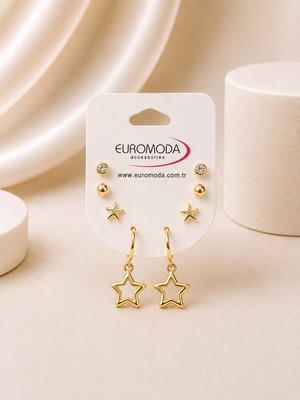 Euromoda Yıldızlar Detaylı Gold Renk 4'lü Küpe Seti