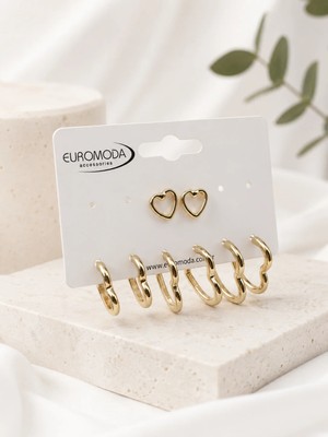 Euromoda Kalp Tasarım 4 Boy 4'lü Gold Renk Küpe Seti