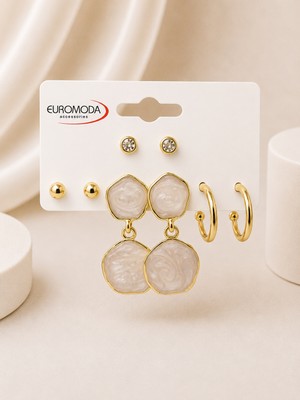 Euromoda Gold Yuvarlak Ekru Mineli 4'lü Küpe Seti