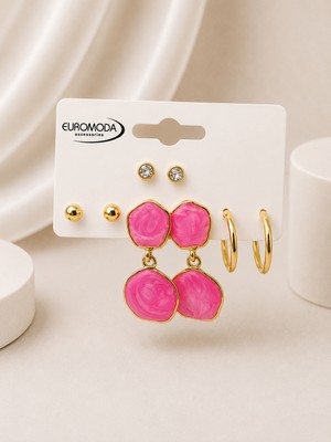Euromoda Gold Yuvarlak Pembe Mineli 4'lü Küpe Seti