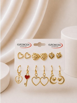 Euromoda Barış Sembolü Kalp Figürlü Gold Renk 6'lı Küpe Seti