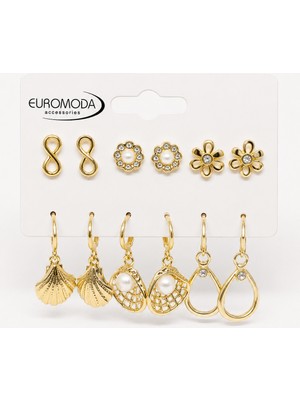 Euromoda Gold Renk Incili Deniz Kabuğu Figürlü 6'lı Küpe Seti