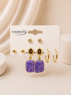 Euromoda Gold  Mor Mineli 4'lü Küpe Seti