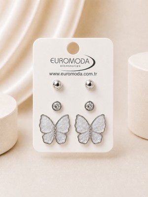 Euromoda Gri Mineli Kelebek Detaylı Taşlı 3'lü Küpe Seti
