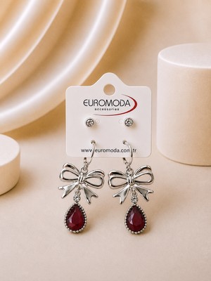 Euromoda Fiyonk Damla Detaylı Küçük Bordo Kristal Taşlı 2'li Sallantılı Küpe Seti