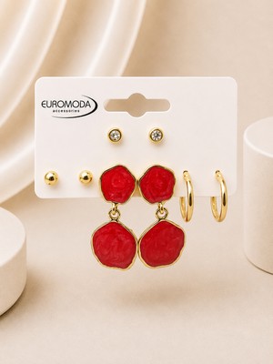 Euromoda Gold Yuvarlak Kırmızı Mineli 4'lü Küpe Seti