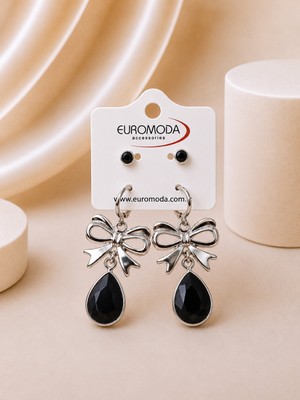 Euromoda Fiyonk Damla Detaylı Büyük Sade Siyah Renk Kristal Taşlı 2'li Sallantılı Küpe Seti