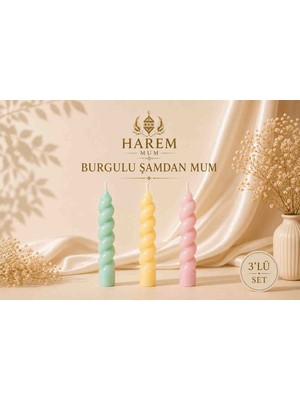 Harem Mum Burgulu Şamdan Mum Su Yeşili-Sarı-Gül Kurusu 3’lü Set