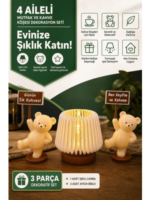 Fun4family Mutfak ve Kahve Köşesi Dekorasyon Seti - Işıklı Mini Lamba ve Mottolu Ayıcık Biblo Figürleri