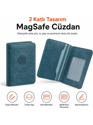 Ayers Erkek 2 Katlı Magsafe Manyetik Telefon Cüzdanı Standlı Kartlık, Şeffaf Kart Pencereli, iPhone 12 / 13 / 14 / 15 / 16 / 17 Serisi Uyumlu Premium Cüzdan