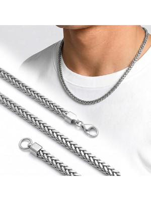 Beycen Aksesuar Köşeli Hasır Örgü Erkek Çelik Kolye - 4X4MM 55CM Gümüş 3902ECK021