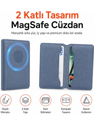 Ayers Erkek 2 Katlı Magsafe Manyetik Telefon Cüzdanı Standlı Kartlık, 2 Iç + 1 Dış Kart Bölmeli Ince Tasarım, iPhone 12 / 13 / 14 / 15 / 16 / 17 Serisi Uyumlu