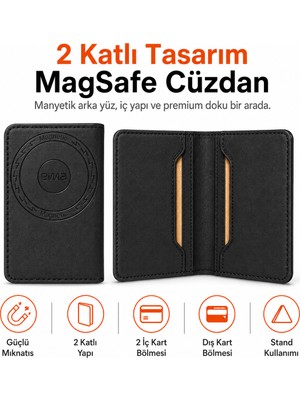 Ayers Erkek 2 Katlı Magsafe Manyetik Telefon Cüzdanı Standlı Kartlık, 2 Iç + 1 Dış Kart Bölmeli Ince Tasarım, iPhone 12 / 13 / 14 / 15 / 16 / 17 Serisi Uyumlu