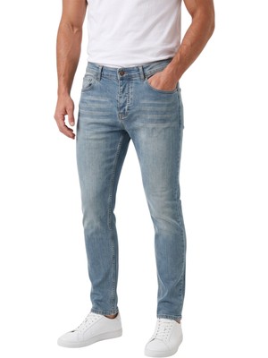 Deepsea Erkek Slim Fit Dar Kesim Likralı Taşlanmış Pamuklu Mavi Kot Pantolon – Düğme Kapamalı Jean 2605153