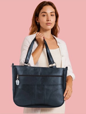 Westbag Hakiki Deri Lacivert Kol Omuz Askılı Çapraz Postacı Çok Gözlü Çanta