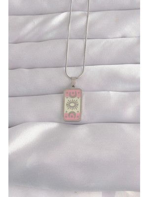 Uslucan Alışveriş 316L Çelik Gümüş Renk Pembe Mineli Ay Figür Tarot Kolye 5886