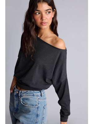 Defacto Loose Fit Düşük Omuzlu Basic Antrasit Kadın T-Shirt I2419AX/AR191